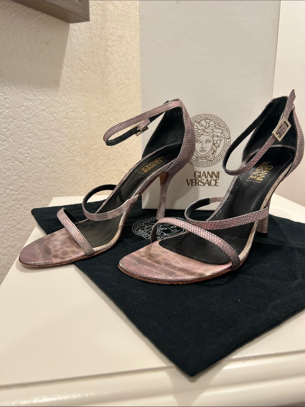 Vintage Versace Rose Metallic Strappy Stiletto Sandals - 36.5